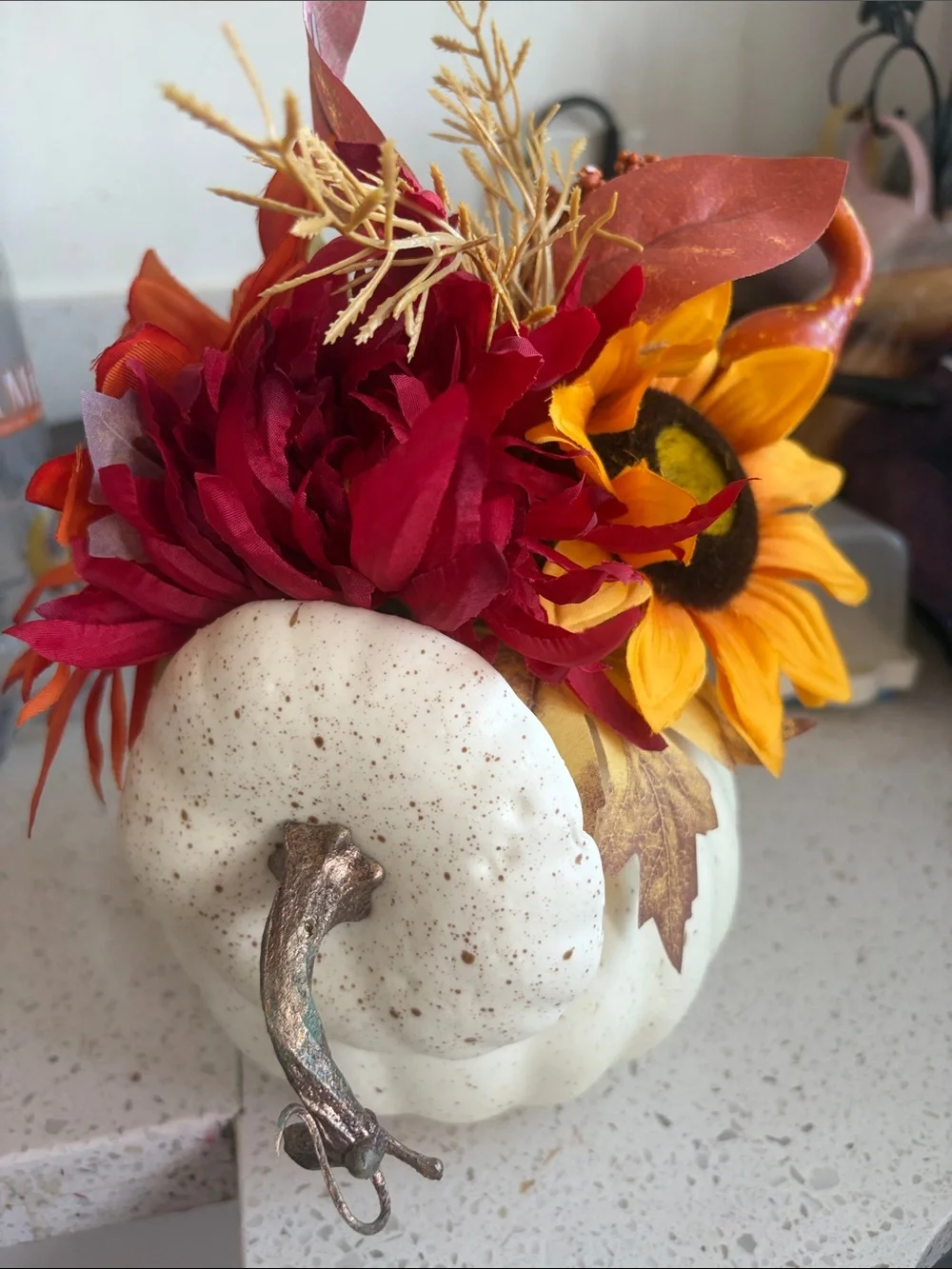 Autumn Harvest White Pumpkin Floral Arrangement with Sunflower New